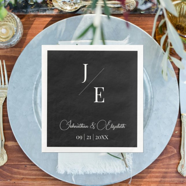 Minimalist Monogram Wedding | Black Napkin (Black Minimalist Monogram Wedding Paper Dinner Napkins)
