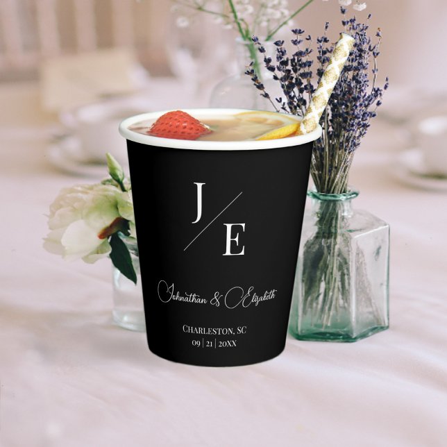 Minimalist Monogram Wedding | Black Paper Cups (Black Minimalist Monogram Wedding Paper Cups)