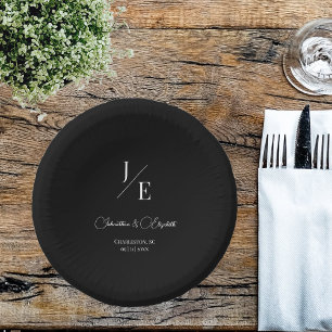 Minimalist Monogram Wedding Black Paper Plate