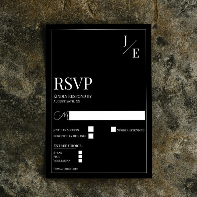 Minimalist Monogram Wedding | Black RSVP Card (Black Minimalist Monogram Wedding RSVP Card)