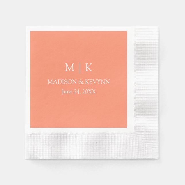 Minimalist Monogram Wedding Coral Peach Cocktail Napkin (Front)