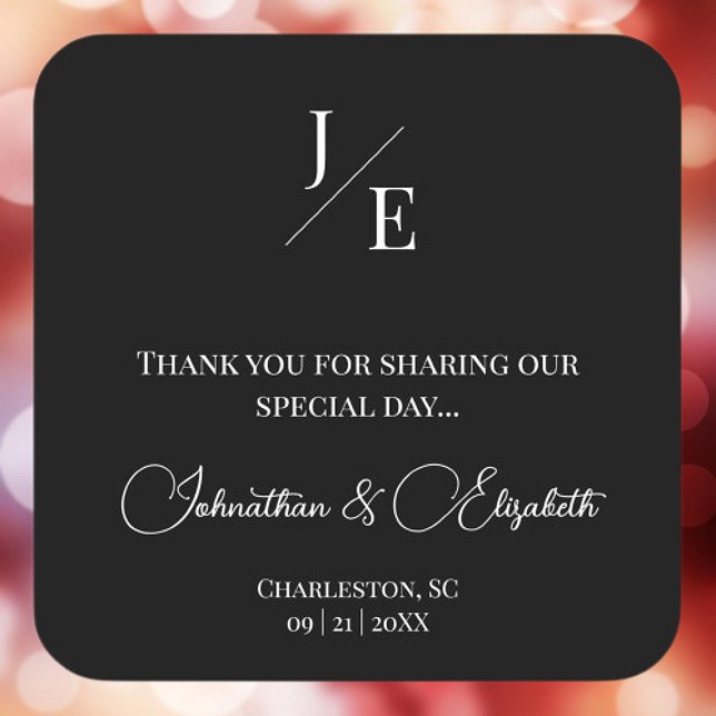 Minimalist Monogram Wedding Favour | Black Square Sticker (Black Minimalist Monogram Wedding Favor Sticker)