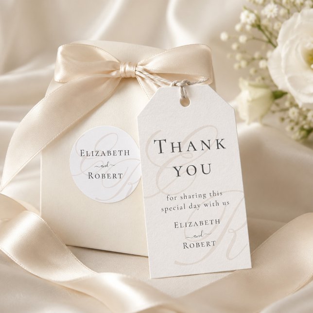Minimalist Monogram Wedding Favour Gift Tag (Minimalist Monogram Wedding Favor Gift Tag on an elegant gift box with a silk bow.)