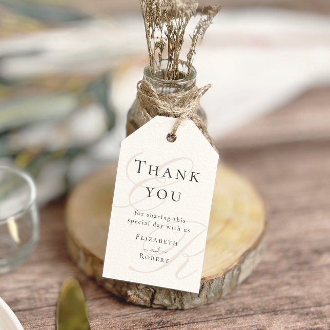Minimalist Monogram Wedding Favour Gift Tag (Minimalist Beige Monogram Wedding Thank You Gift Tags on a boho jar with dry flowers)