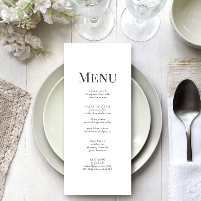 Minimalist Monogram Wedding Menu Card (Minimalist Monogram Wedding Menu Card on a beautiful white and silver wedding dinner table.)