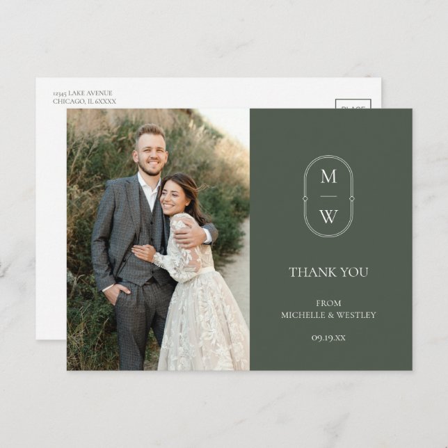 Minimalist Monogram Wedding Photo Thank You Postcard (Front/Back)