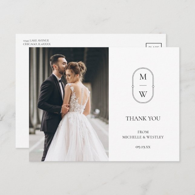 Minimalist Monogram Wedding Photo Thank You Postcard (Front/Back)