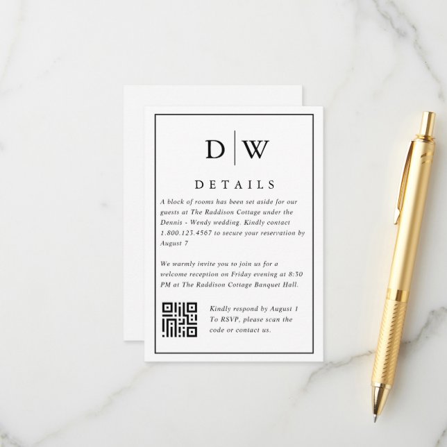 Minimalist Monogram Wedding QR Code Enclosure Card (Front/Back In Situ)