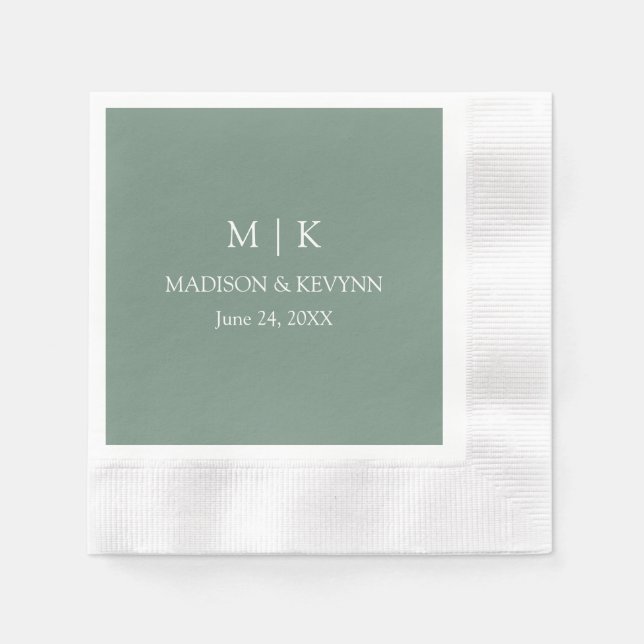 Minimalist Monogram Wedding Sage Green Cocktail Napkin (Front)