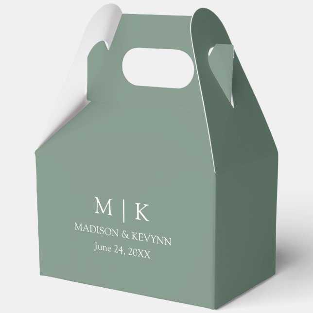 Minimalist Monogram Wedding Sage Green Gable Favour Box (Front)