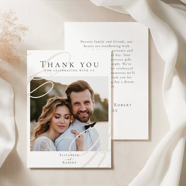 Minimalist Monogram Wedding Thank You Card (Elegant Minimalist Beige Monogram Wedding Photo Thank You Card on a white silky tableclothes)