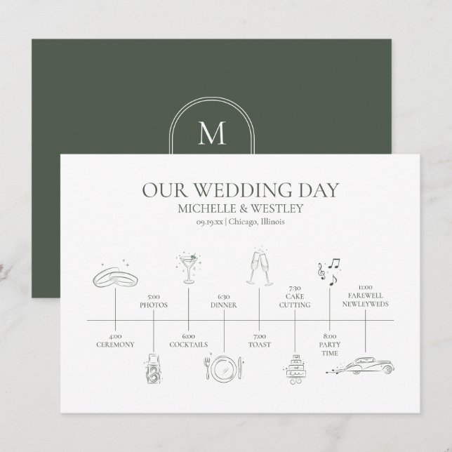 Minimalist Monogram Wedding Timeline Program Enclosure Card (Front/Back)