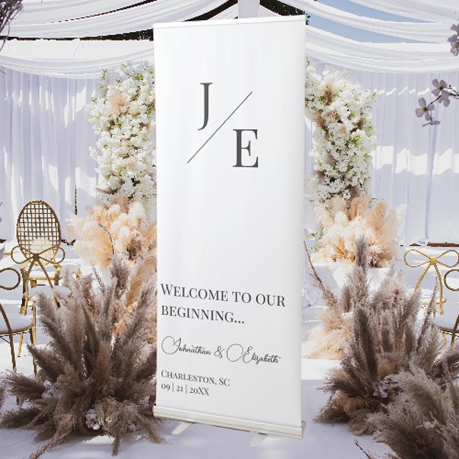 Minimalist Monogram Wedding Welcome | White Retractable Banner (Minimalist Monogram Wedding Welcome Retractable Banner)