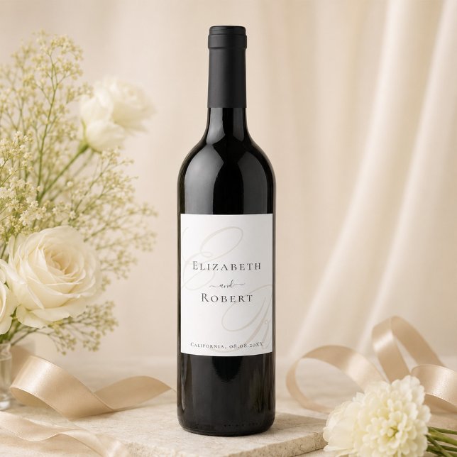 Minimalist Monogram Wedding Wine Label (Minimalist Monogram Wedding Wine Label on a bottle of wine surrounded with white flowers)