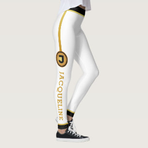 Minimalist Monogram White Black Faux Gold and Name Leggings