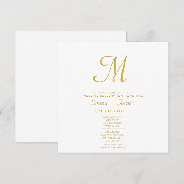 Minimalist Monogram White Gold Wedding Invitation (Front/Back)