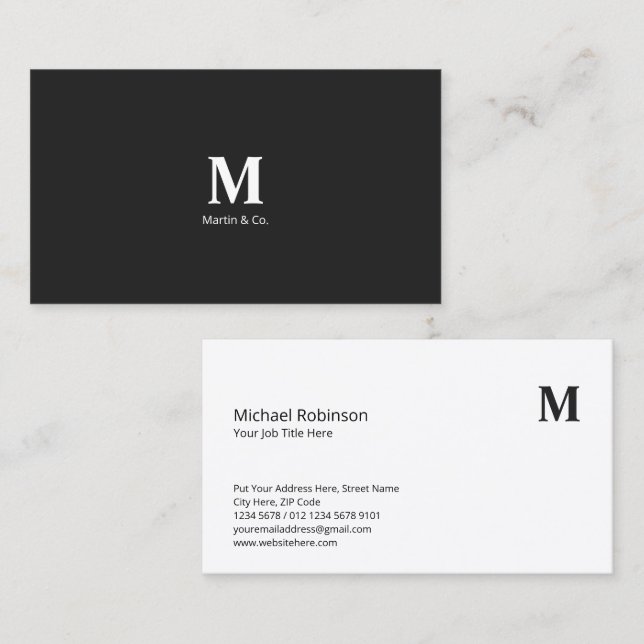 Minimalist Monogram with Initial on Dark Grey Business Card (Front/Back)