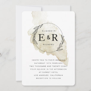 Minimalist Monogram Wreath Watercolor Wash Wedding Invitation