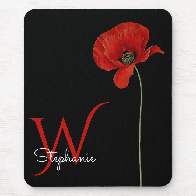 Minimalist Monogrammed Red Poppy on Black Mouse Mat (Front)