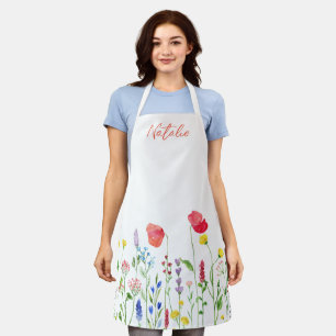 Minimalist monogrammed wildflowers white simple apron