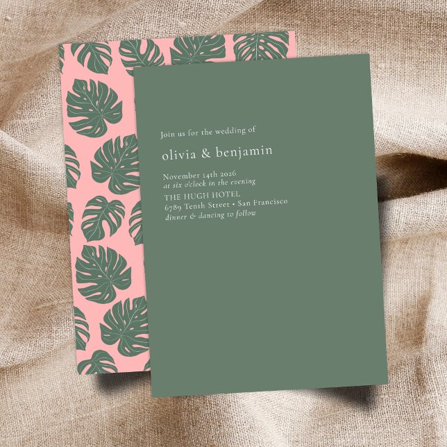 Minimalist Monstera Botanical Pink Green Wedding Invitation (Creator Uploaded)