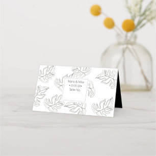Minimalist Monstera Hand Drawn Black White Wedding Place Card
