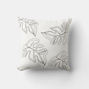 Minimalist Monstera Hand Drawn Gesture Black White Cushion