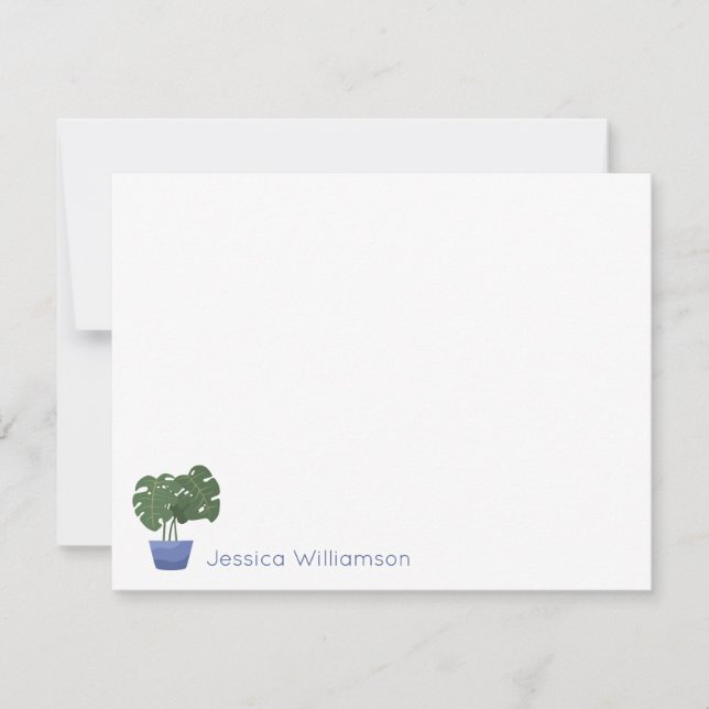Minimalist Monstera Plant Blue Personalised Name Card (Front)