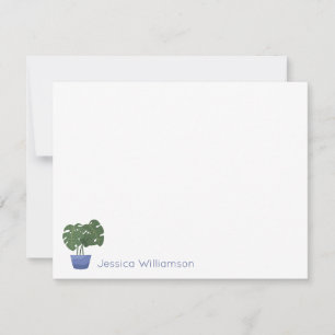 Minimalist Monstera Plant Blue Personalised Name Card
