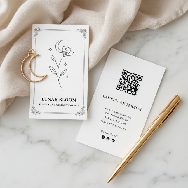Minimalist Moon Flower Florist Card with QR Code (Creator Uploaded)