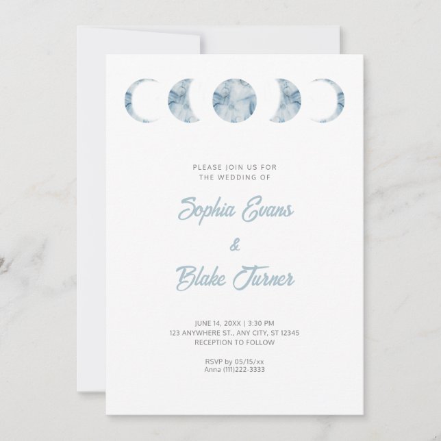 Minimalist Moon Phases Celestial Blue Wedding Invitation (Front)