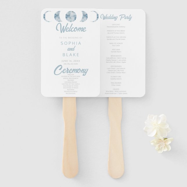 Minimalist Moon Phases Celestial Wedding Program Hand Fan (Front and Back)
