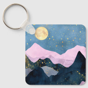 Minimalist Moon Stars Celestial Mountain Valley Key Ring