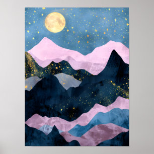 Minimalist Moon Stars Celestial Mountain Valley Poster