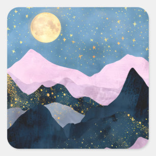 Minimalist Moon Stars Celestial Mountain Valley Square Sticker