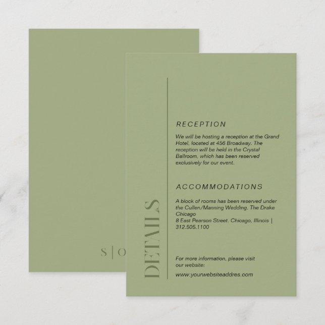 Minimalist moss green wedding information  enclosure card (Front/Back)
