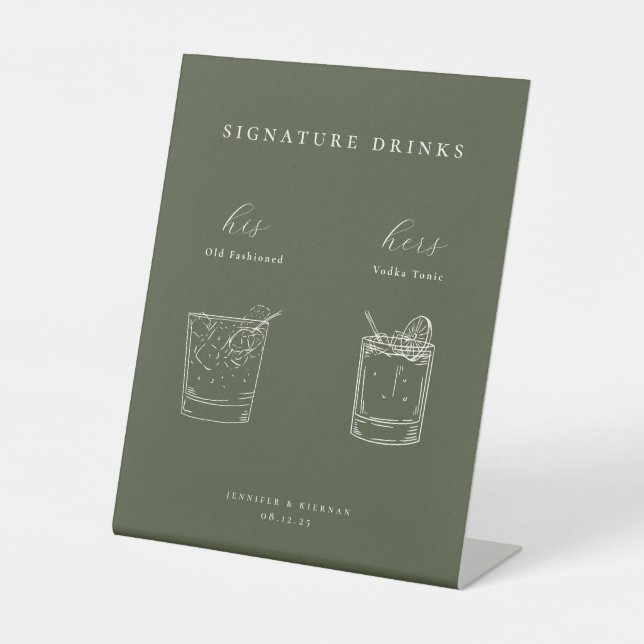 Minimalist Moss Green Wedding Signature Drinks Pedestal Sign (Front)