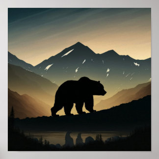 Minimalist Mountains and Black Bear Silhouette Poster