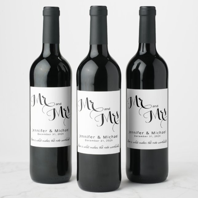 Minimalist Mr and Mrs Black White Wedding Wine Label (Bottles)