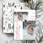 Minimalist Mr and Mrs Red Married & Merry Photo Holiday Card<br><div class="desc">Introducing our stunning new Minimalist Mr and Mrs Red Married & Merry Photo Holiday Card: a modern design featuring elegant typography and three cherished wedding photos, in festive red and white. The minimalistic front is complemented by a warm, festive watercolor botanical pattern on the back, showcasing greenery, eucalyptus, pine cones...</div>