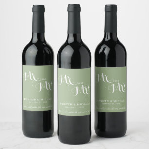 Minimalist Mr and Mrs Sage Green White Wedding Wine Label