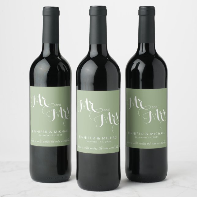 Minimalist Mr and Mrs Sage Green White Wedding Wine Label (Bottles)