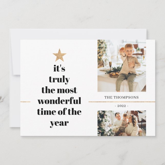 Minimalist Multi Photo Most Wonderful Time Quote Holiday Card (Front)