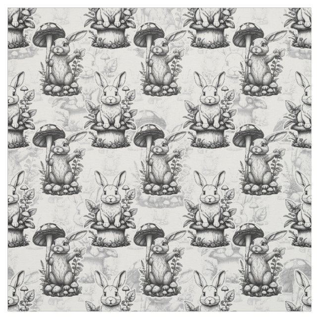 Minimalist Mushroom Rabbit Pattern Design  Fabric (Swatch)