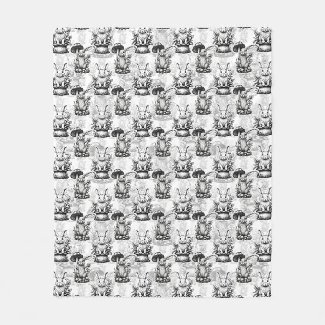 Minimalist Mushroom Rabbit Pattern Design  Fleece Blanket (Front)