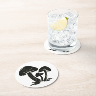 Minimalist Mushrooms – Ink Brush Forest Trio on Round Paper Coaster
