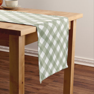 Minimalist Muted Olive Green Gingham Plaid Pattern Short Table Runner