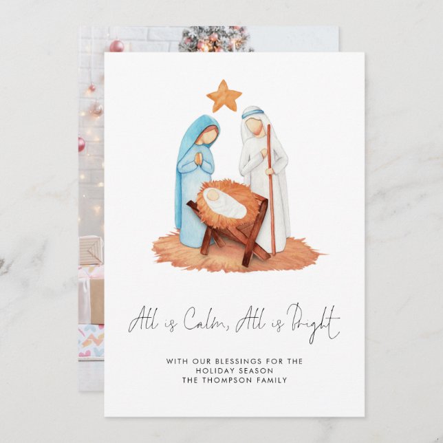 Minimalist Nativity Scene All Is Calm Photo Holiday Card (Front/Back)