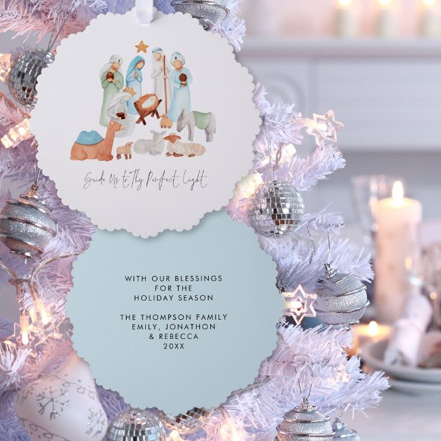 Minimalist Nativity Scene Carol Lyrics Christmas Tree Decoration Card (Frotn and back view)