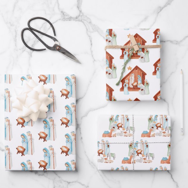 Minimalist Nativity Scenes Pattern Christmas Wrapping Paper Sheet (Front)